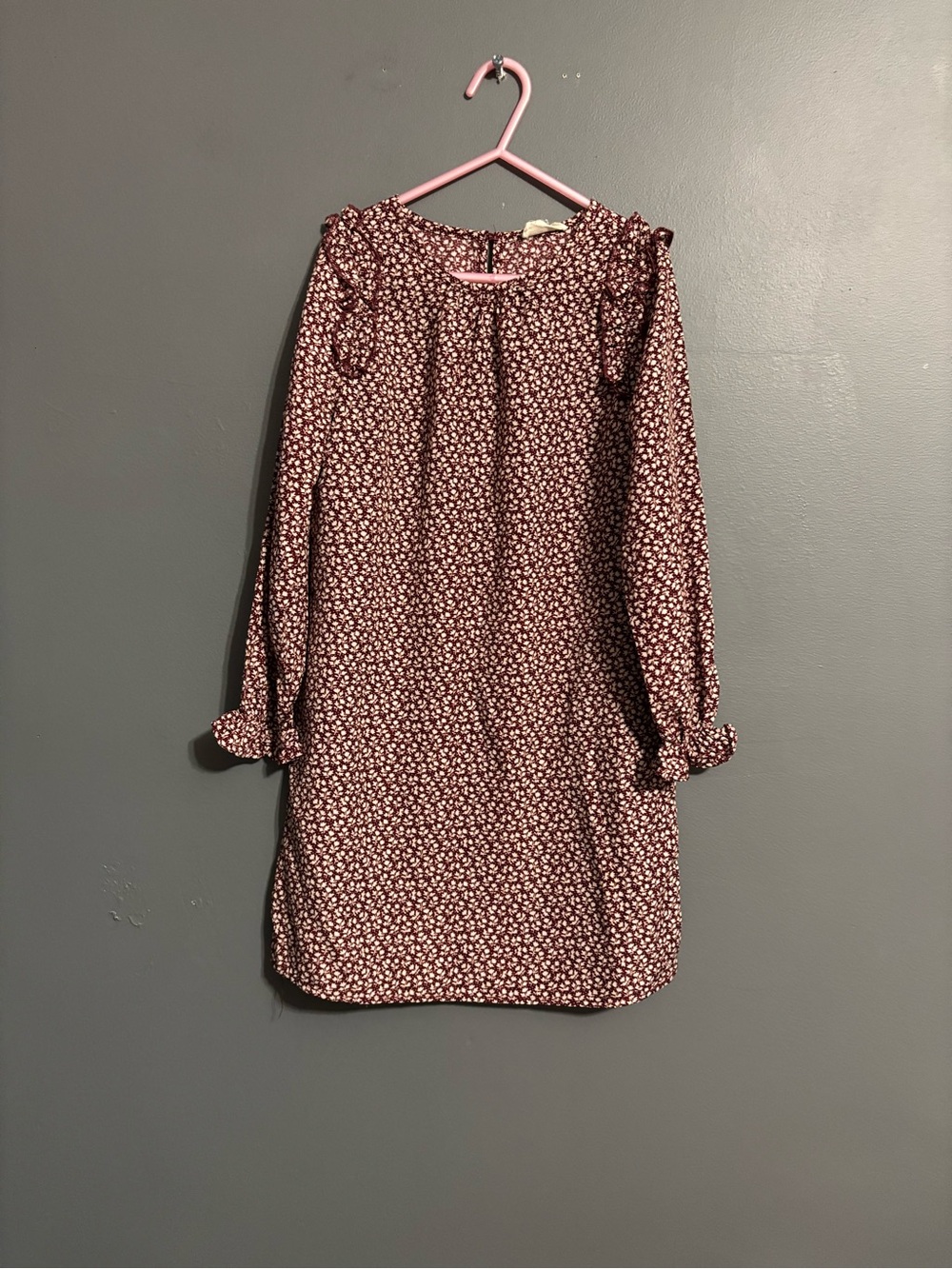 Hayden girls Burgundy Floral preppy Round Neck Long Sleeve fall Ruffle Dress S